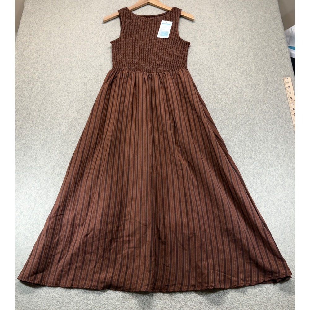 NWT New Collection Womens The Cosima Nap Dress Brown Black Striped Smocked XS